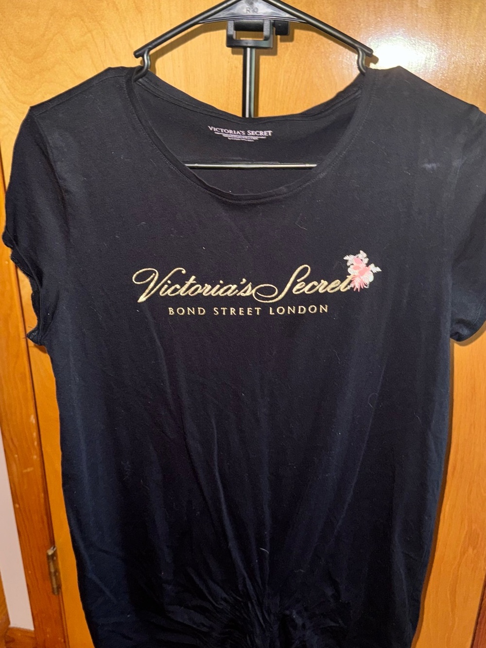 Victoria's Secret Black Tee with Gold Script and Pink Floral
